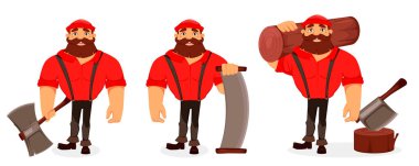 Lumberjack çizgi film karakteri, üç pozlar ayarlayın. Yakışıklı bir ağaç kesici elinde büyük balta, iki elle testere ve tutan kütük. Beyaz arka planda vektör çizimi. 