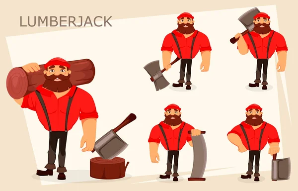 Personaje Dibujos Animados Leñador Conjunto Cinco Poses Guapo Leñador Ilustración — Vector de stock