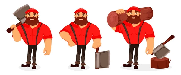 Personaje Dibujos Animados Leñador Conjunto Tres Poses Guapo Leñador Sosteniendo — Vector de stock