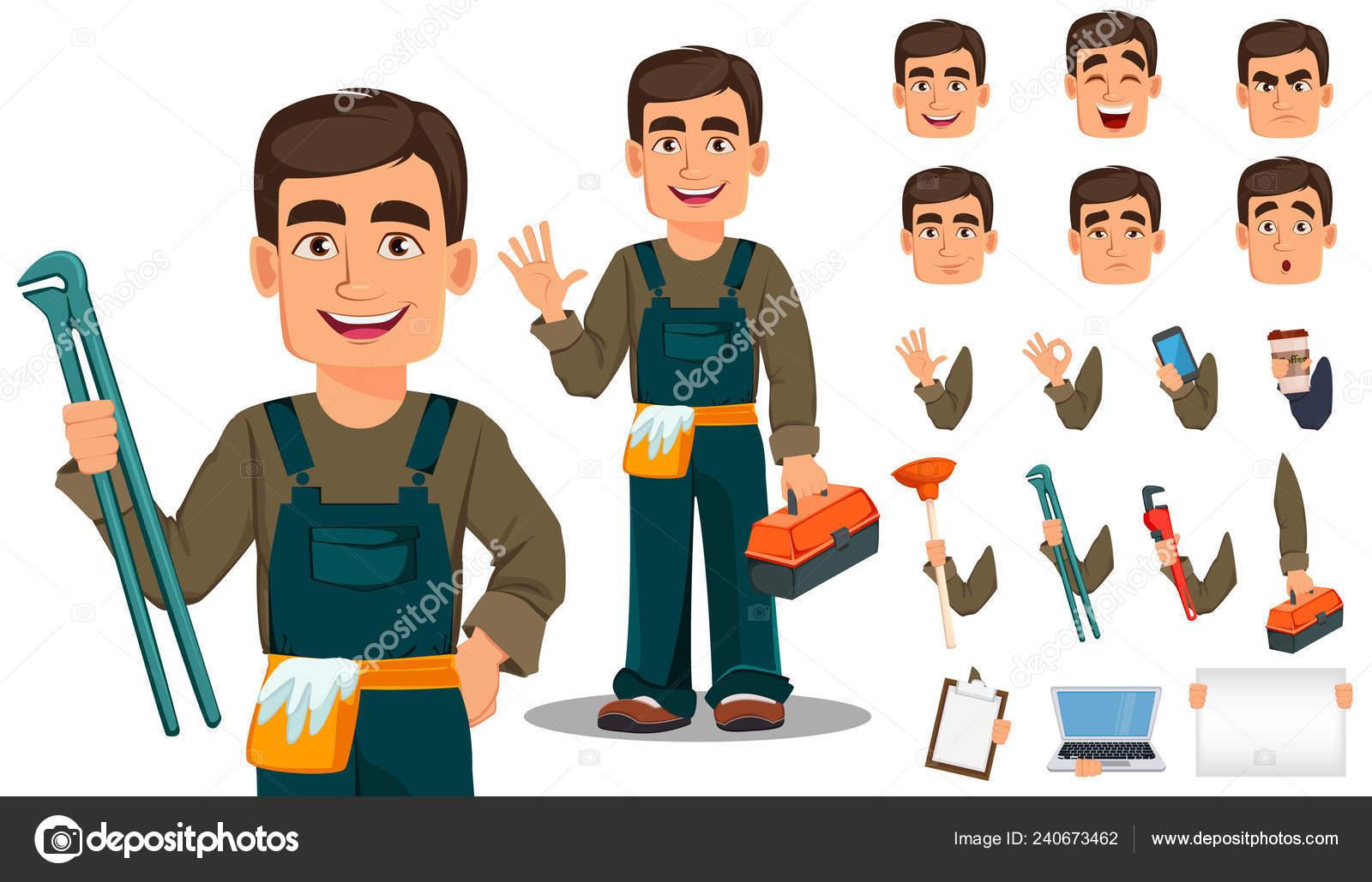 Professional Plumber Uniform Pack Body Parts Emotions Things Handsome  Cartoon Stock Vector Image by ©VectorKIF #240673462