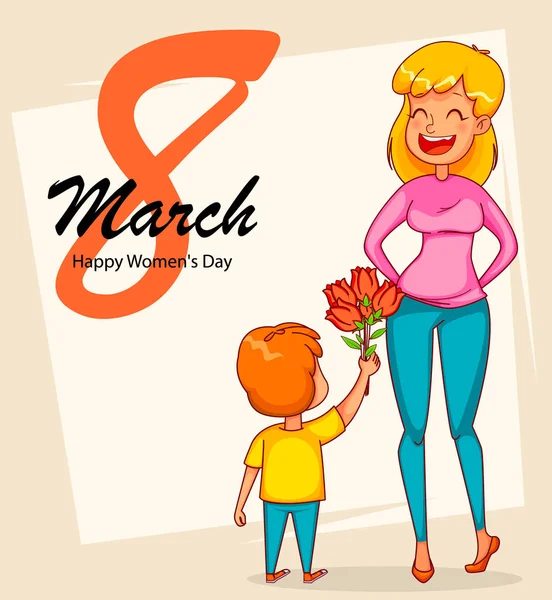 Happy International Women Day Wenskaart Grappige Jongen Geeft Een Boeket — Stockvector