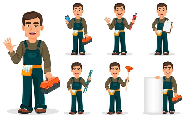 Professional Plumber Uniform Set Seven Poses Handsome Cartoon Character Vector — Stock Vector