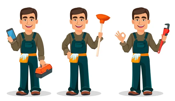 Professional Plumber Uniform Set Three Poses Handsome Cartoon Character Holds — Stock Vector