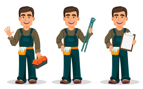 Professional Plumber Uniform Set Three Poses Handsome Cartoon Character Holds — Stock Vector