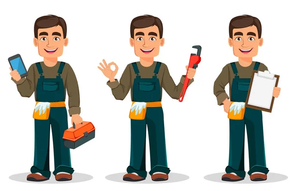 Professional Plumber Uniform Set Three Poses Handsome Cartoon Character Holds — Stock Vector