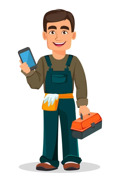 Professionele Loodgieter Uniform Houdt Toolbox Smartphone Knappe Stripfiguur Vectorillustratie Witte — Stockvector