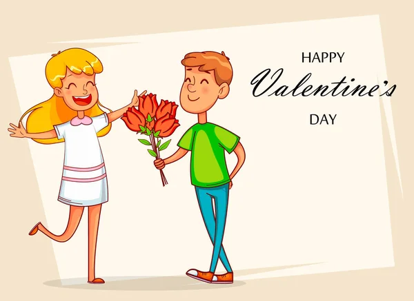 Valentines Day Greeting Card Funny Cartoon Characters Boyfriend Gives Bouquet — Stock Vector