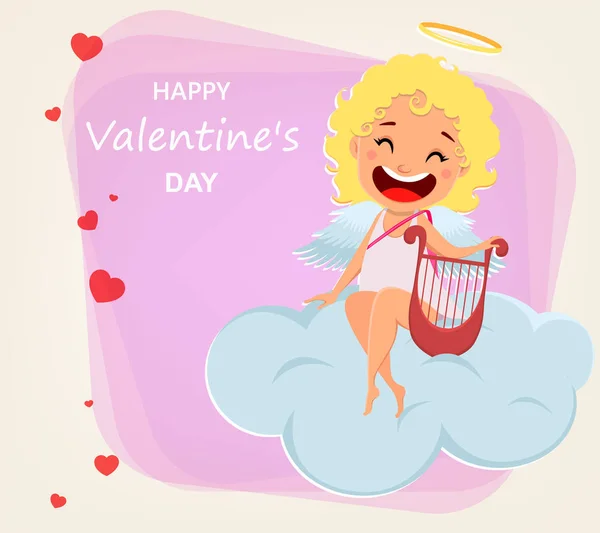 Valentines Day Greeting Card Cute Cupid Funny Cartoon Character Sitting — Stock Vector