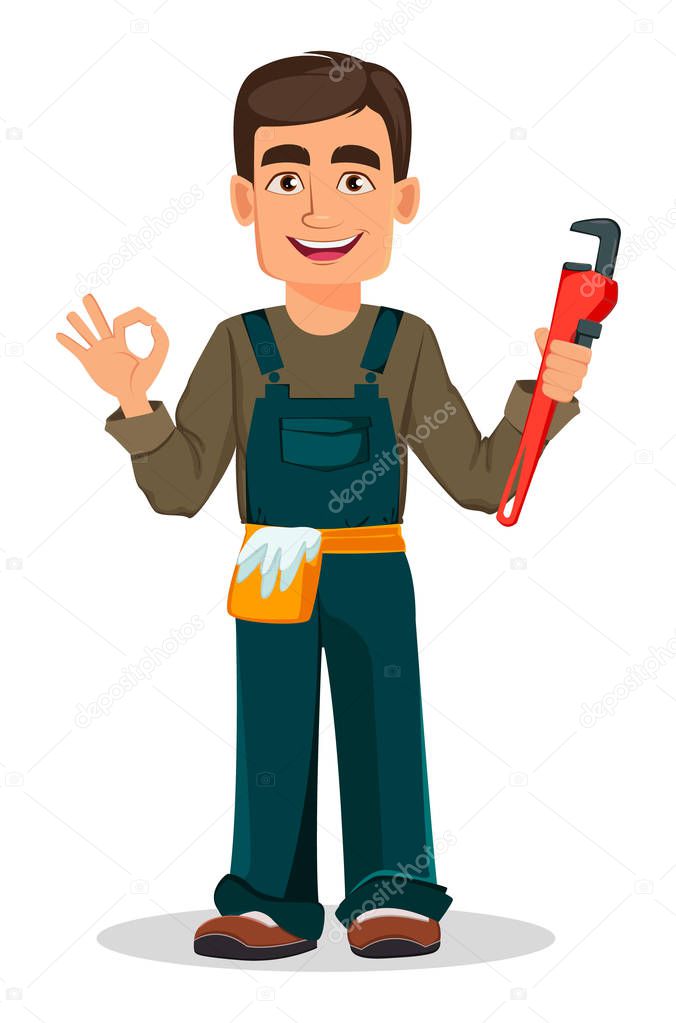 Professional plumber in uniform holds adjustable wrench and shows ok sign. Handsome cartoon character. Vector illustration on white background