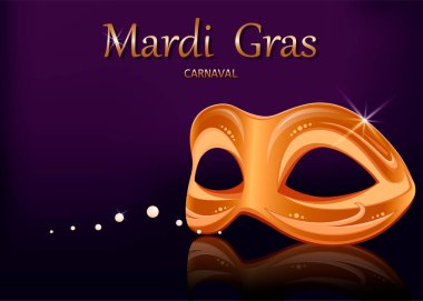 Mardi Gras karnaval maskesi. Geleneksel Festivali Mardi Gras için altın maske ile tebrik kartı. Vektör çizim mor zemin üzerine