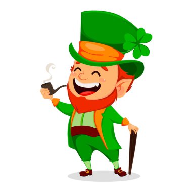 Aziz Patrick günü. Komik cüce cin. Sigara boru tutarak ve baston yürüyüş sevimli çizgi film karakteri. Beyaz arka plan üzerinde vektör çizim.