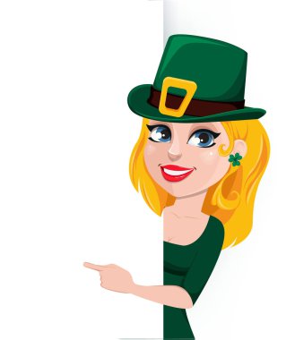 Güzel sevimli kadın St Patrick's Day kutluyor. Cüce cin puan kopya alanı üzerinde kostüm güzel kadın çizgi film karakteri. Vektör çizim