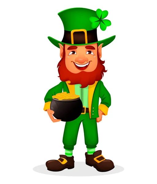 Saint Patrick Day Cute Funny Cartoon Character Leprechaun Holds Pot — Stock Vector