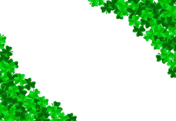 Svatého Patrika Den Pozadí Zelenými Světlé Listy Trojlístek Jetel Rozích — Stockový vektor