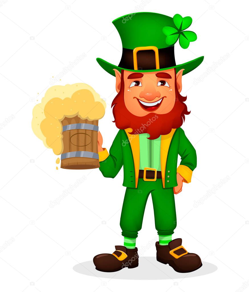Saint Patrick day. Cute funny cartoon character Leprechaun holds beer. Great design for any purposes. Vector illustration