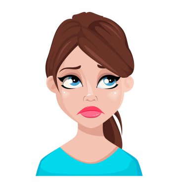 Mavi bluz, hayal kırıklığına kadının yüz ifadesi. Kadın duygu. Güzel çizgi film karakteri. Beyaz arka plan üzerinde izole vektör çizim.