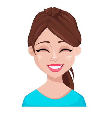 Yüz ifadesi içinde mavi bluz, kadın gülüyor. Kadın duygu. Güzel çizgi film karakteri. Beyaz arka plan üzerinde izole vektör çizim.