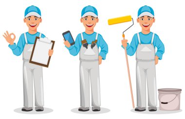 Ressam adam, üç pozlar ayarla. Pano holding, smartphone holding ve boya silindiri tutan dekoratör çizgi film karakteri. Beyaz arka plan üzerinde vektör çizim.