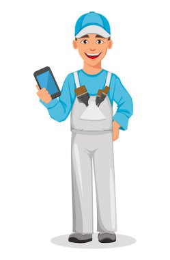 Ressam adam holding smartphone. Dekoratör çizgi film karakteri. Beyaz arka plan üzerinde vektör çizim.