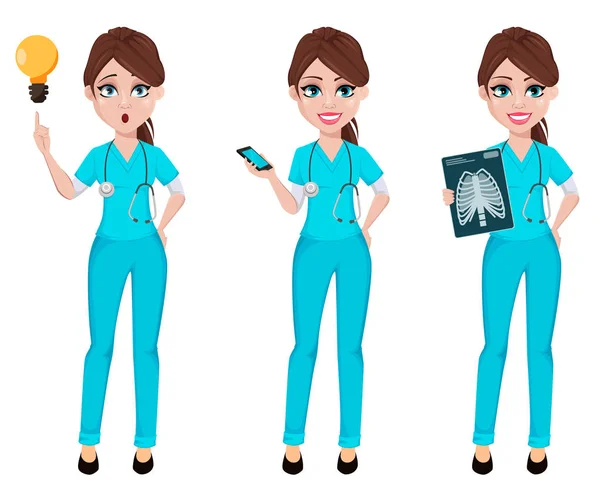 Médico Mulher Conjunto Três Poses Medicina Conceito Saúde Bonito Personagem — Vetor de Stock
