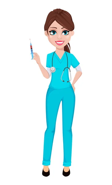 Ärztin Mit Spritze Medizin Gesundheitskonzept Schöne Zeichentrickfigur Vektorillustration — Stockvektor