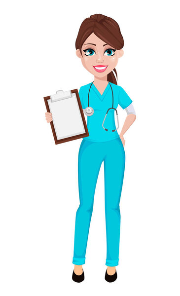 Medical doctor woman holding clipboard. Medicine, healthcare concept. Beautiful cartoon character. Vector illustration.