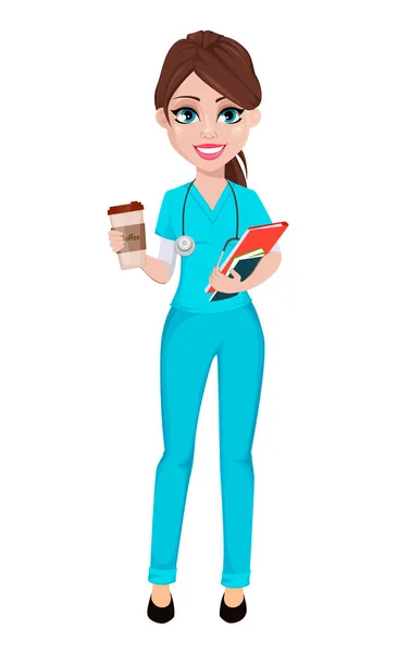 Ärztin Mit Kaffee Und Dokumenten Medizin Gesundheitskonzept Schöne Zeichentrickfigur Vektorillustration — Stockvektor