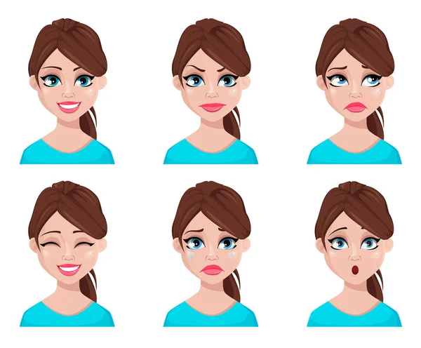 Expressions Faciales Femme Chemisier Bleu Différentes Émotions Féminines Beau Personnage — Image vectorielle