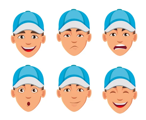 Face expressions of man in blue cap. Different male emotions set. Handsome cartoon character. Vector illustration isolated on white background.