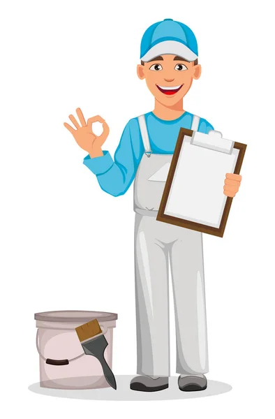 Painter Man Standing Bucker Holding Clipboard Decorator Cartoon Character Vector — Stock Vector