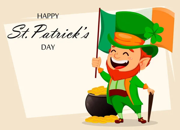 圣帕特里克天贺卡与有趣的小妖精在帽子 可爱的卡通人物持有爱尔兰国旗 向量例证 — 图库矢量图片