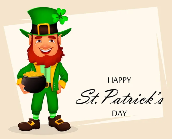 Saint Patrick Dag Wenskaart Met Leuke Grappige Cartoon Karakter Leprechaun — Stockvector