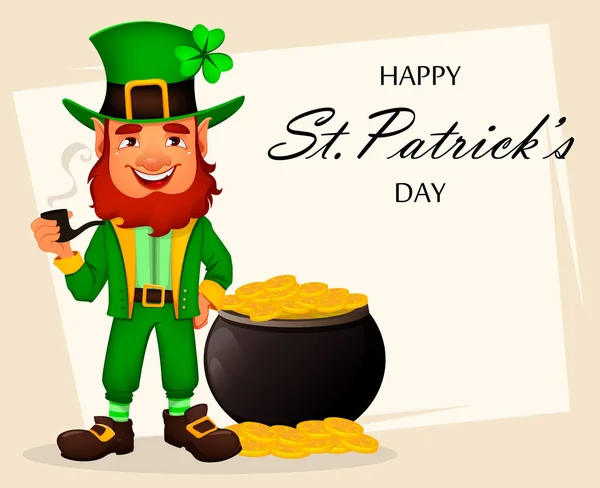 Kartkę Życzeniami Dzień Saint Patrick Słodkie Śmieszne Kreskówki Charakter Krasnoludek — Wektor stockowy