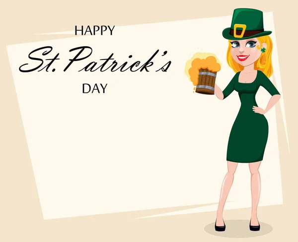 Carte Voeux Avec Une Belle Femme Célébrant Saint Patrick Mignon — Image vectorielle