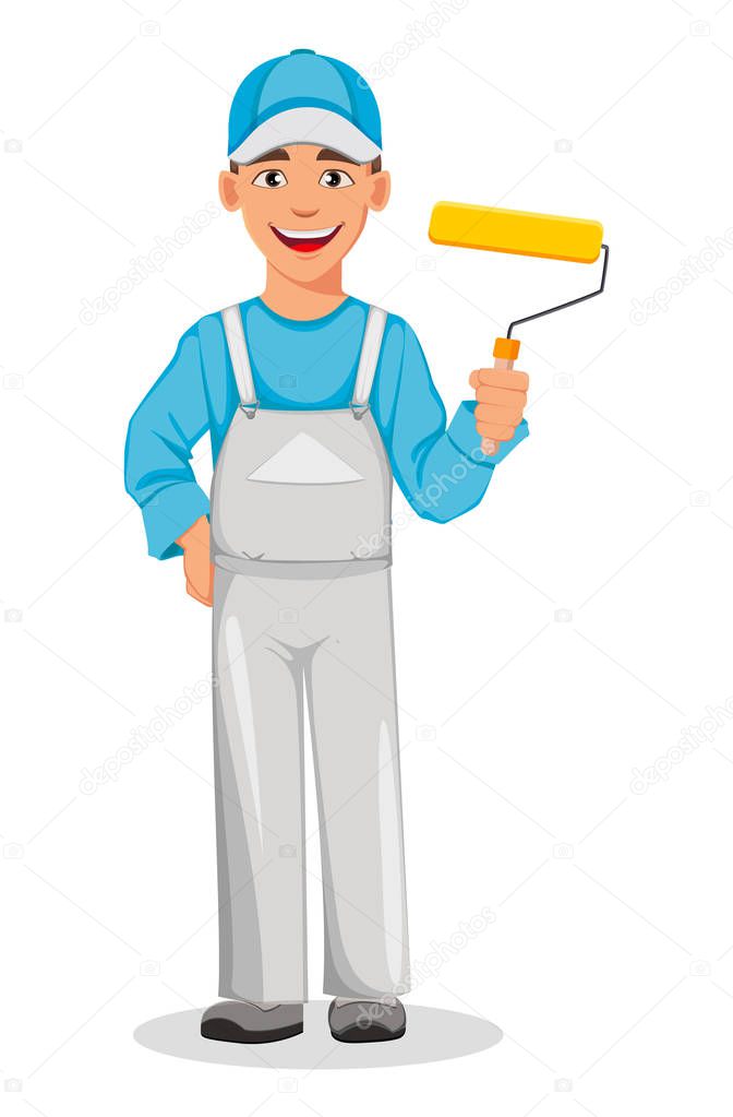 Painter man holding little paint roller. Decorator cartoon character. Vector illustration on white background.