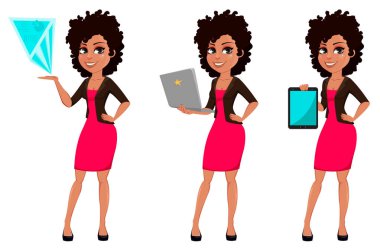 Genç Afro-Amerikan iş kadını rahat giysiler içinde üç pozlar ayarlayın. Hologram gösterilen, dizüstü holding ve tablet holding karikatür karakter bir işkadını. Vektör çizim