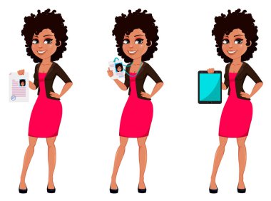 Genç Afro-Amerikan iş kadını rahat giysiler içinde üç pozlar ayarlayın. Belge holding, kimlik kartı gösterilen ve tablet holding karikatür karakter işkadını. Vektör çizim