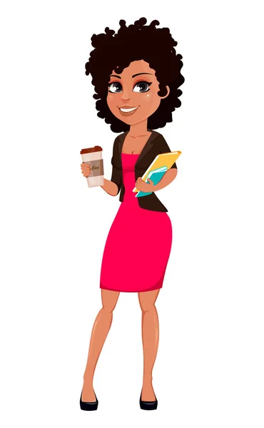 穿着休闲装的年轻的非洲裔美国女商人 迷人的卡通人物女商人拿着一杯热咖啡 向量例证 — 图库矢量图片