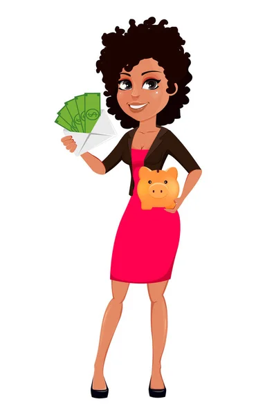 캐주얼 아프리카계 미국인 비즈니스 여자입니다 매력적인 캐릭터 사업가 저금통 봉투를 — 스톡 벡터