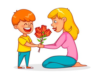 Mutlu Dünya Kadınlar Günü tebrik kartı. Komik çocuk annesine Lale buketi verir. Beyaz arka plan üzerinde vektör çizim