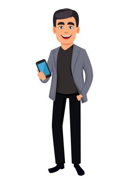 İş adam çizgi film karakteri. Yakışıklı işadamı holding smartphone. Beyaz arka plan üzerinde vektör çizim