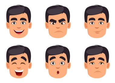Adamla yüz ifadeleri. Farklı erkek duygular ayarlayın. Yakışıklı çizgi film karakteri. Beyaz arka plan üzerinde izole vektör çizim.