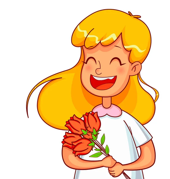 Weltfrauentag Lustige Mädchen Zeichentrickfiguren Mit Einem Strauß Tulpen Verwendbar Für — Stockvektor