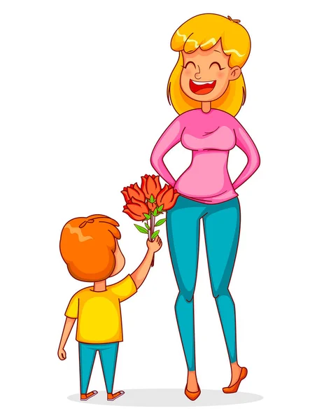 国际妇女节快乐贺卡 有趣的男孩给他的母亲一束郁金香 向量例证 — 图库矢量图片