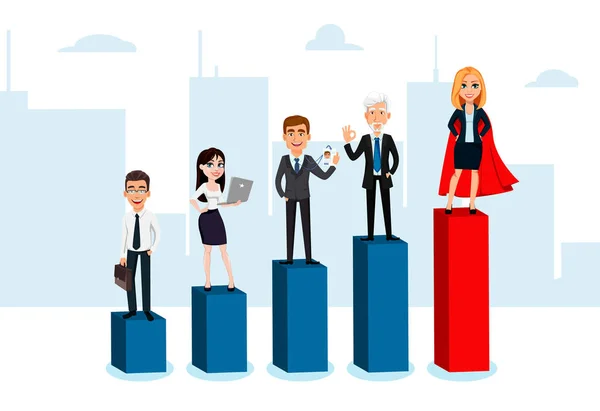 Business people cartoon characters. Handsome businessmen and beautiful businesswomen moving up the career ladder. Vector illustration