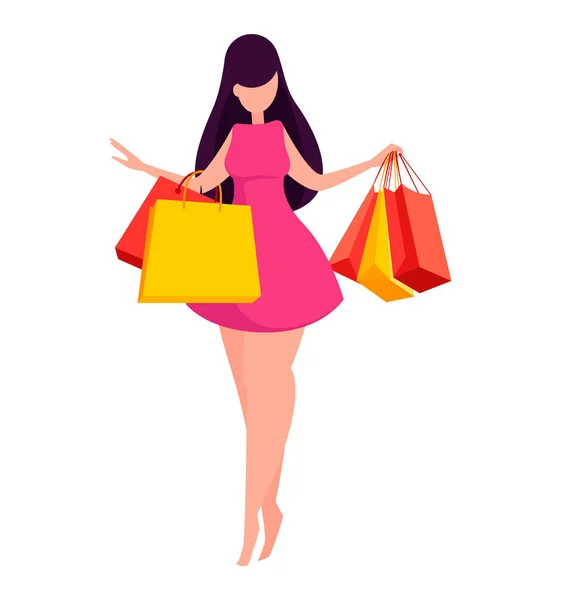 Modern Happy Woman Holding Shopping Bags Faceless Cartoon Character Great — Stock Vector