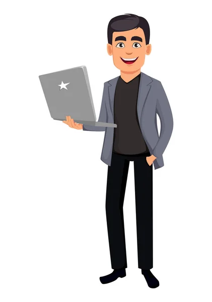 Homem Negócios Personagem Desenhos Animados Bonito Homem Negócios Segurando Laptop — Vetor de Stock