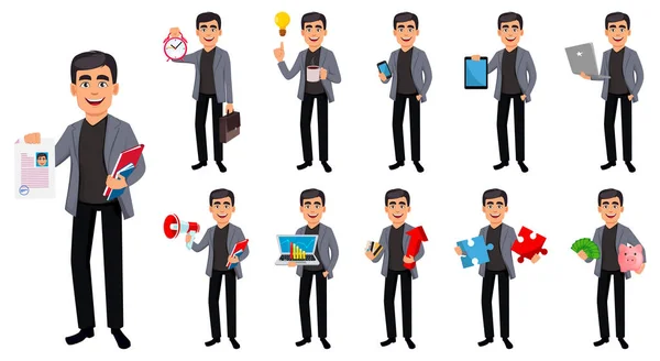 Hombre Negocios Personaje Dibujos Animados Conjunto Once Poses Hombre Negocios — Vector de stock