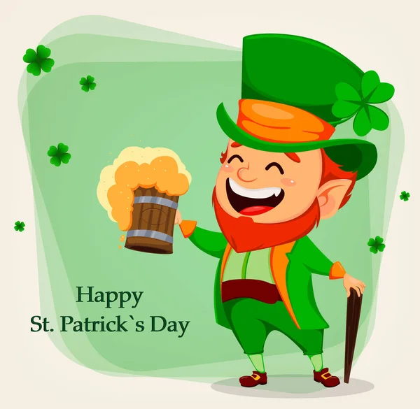 ハッピー聖パトリックの日 緑の帽子と漫画のキャラクター ビールを押しながら杖を歩いて面白いレプラコーン ベクトル図 — ストックベクタ