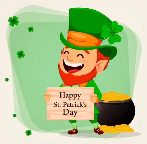 Gelukkig Saint Patrick Day Stripfiguur Met Groen Hoed Grappige Kabouter — Stockvector